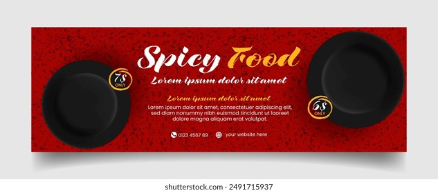 Horizontal flat design spicy food menu banner in red color with abstract patterns.