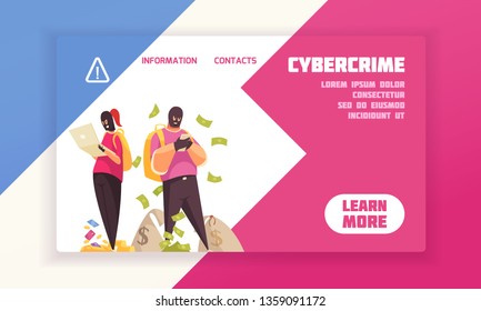 Horizontal and flat hacker concept banner with cybercrime headline and learn more button vector illustration