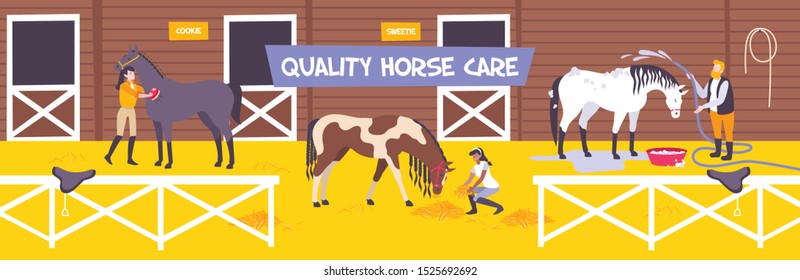 Horizontal and flat horse stable farm composition with quality hors care description vector illustration