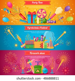 Horizontal flat pyrotechnics festival isolated banners with colorful crackers and balloons for firework show vector illustration