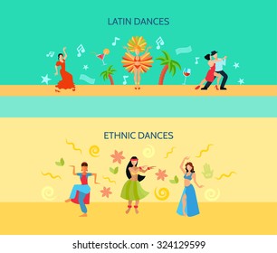 Horizontal flat style banners with latin music and oriental ethnic dances isolated vector illustration