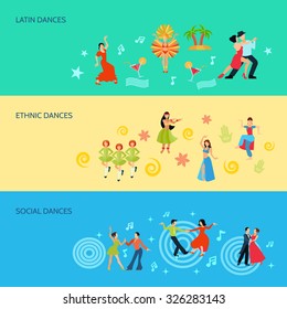 Horizontal flat style banners with latin ethnic and social dances isolated vector illustration