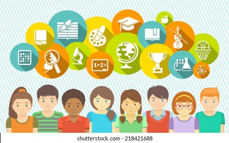 Horizontal flat vector banner with a group of kids and educational icons of school subjects in colored circles. 