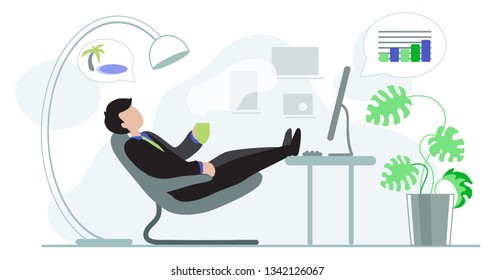 horizontal flat vector icon of a resting office programmer geek programmer manager managing a comfortable chair with a cup in hand of a leg thrown on a table where there is a monitor and keyboard