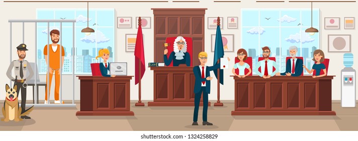 Horizontal Flat Vector Illustration Jury Trial. Lawyer in Blue Suit Against Background Jury Trial Shows Document Proving Convictions Innocence. Judge in Gown Raised Hand with Hammer.