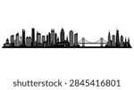 A horizontal, flat vector illustration showing a black silhouette of a diverse metropolitan skyline. The scene includes modern skyscrapers, a long suspension bridge, a large domed building, various spires, and office blocks, all isolated on a white background for easy integration into urban design concepts.