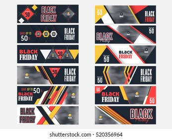 Horizontal Flat Website Banner Collections, Web Layout Ad Vector Cover Illustration. Black Friday Sale Concept Image Add Business Advertisement Banners Design Big Set with Creative Geometric Elements