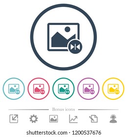 Horizontal flip image flat color icons in round outlines. 6 bonus icons included.