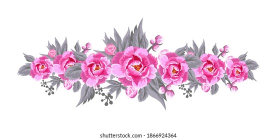 horizontal floral abstraction with pink peonies. Vector illustration