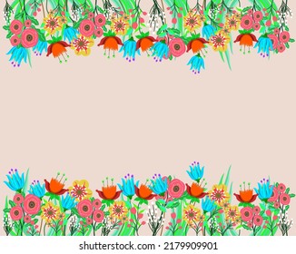 Horizontale florale Kulisse mit wunderschönen Blumen und Blätterrahmen. Botanische Frühlingsflache Vektorgrafik auf Hintergrund 