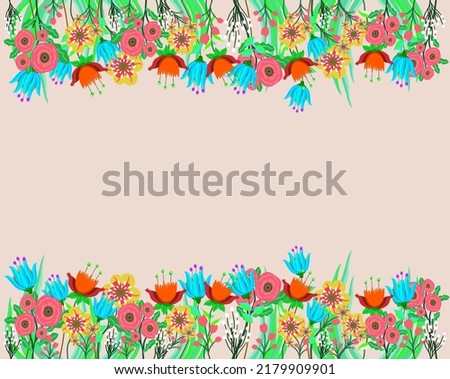 Horizontal floral backdrop decorated with gorgeous  blooming flowers and leaves border. Spring botanical flat vector illustration on background 