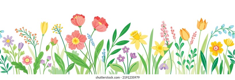 Fondo floral horizontal. Banner colorido con plantas florecientes, flores silvestres, hojas y hierba. Elemento de diseño botánico de primavera para sitios web o redes sociales. Dibujo vectorial plano de dibujos animados