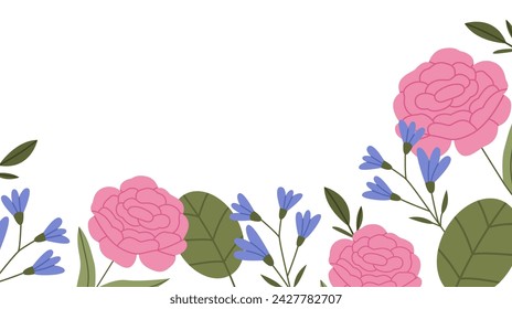 Fondo floral horizontal. Banner colorido con plantas florecientes, flores silvestres, peonía o rosas y hojas. Elemento de diseño botánico de primavera para sitios web o redes sociales. Ilustración vectorial plana