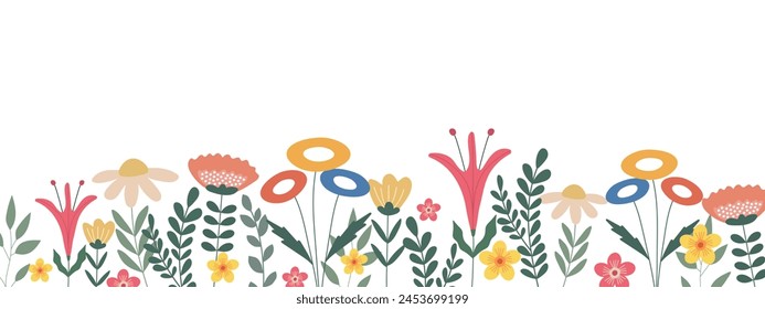 Horizontal floral background decorated with bright blooming flowers and leaves. Spring or summer illustration on a white background. Vector.