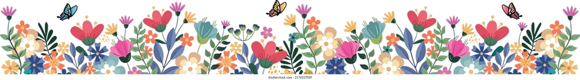 Horizontal floral background decorated with multicolored blooming flowers and leaves. Spring botanical flat vector illustration isolated on white background