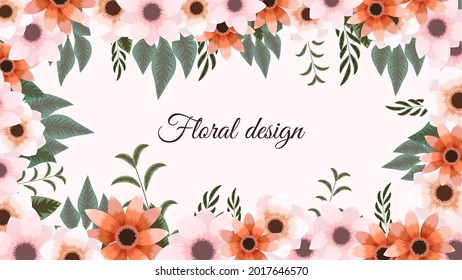 Horizontal floral banner background decorated with cheerful multicolored blooming flowers and leaves border. Spring botanical flat vector illustration