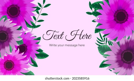 Horizontal floral banner background decorated with gorgeous multicolored blooming flowers and leaves border. Spring botanical flat vector illustration