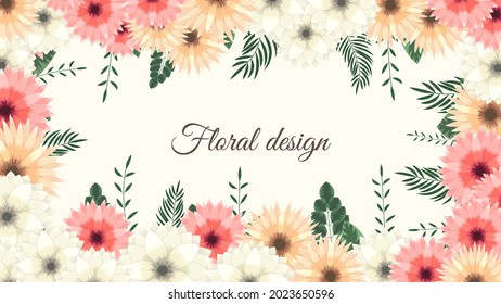 Horizontal floral banner background decorated with cheerful multicolored blooming flowers and leaves border. Spring botanical flat vector illustration