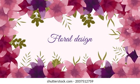 Horizontal floral banner background decorated with cheerful multicolored blooming flowers and leaves border. Spring botanical flat vector illustration