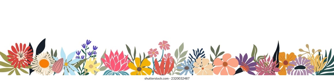 Horizontal floral banner, border, backdrop, overlay decorated with gorgeous multicolored blooming flowers and leaves. Summer botanical flat vector illustration isolated on white background