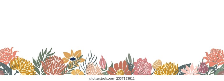 Horizontal floral banner, border, backdrop, overlay decorated with gorgeous blooming abstract flowers and leaves. Summer, autumn botanical flat vector illustration isolated on white background