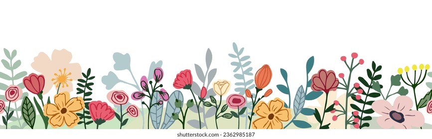 Horizontal floral banner seamless pattern on white background. Doodle colorful blooming flowers, foliage. Spring summer botanical flat vector illustration