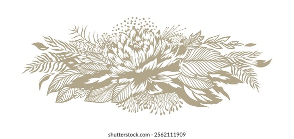 Horizontal floral beige vintage composition. hand drawing. Not AI, Vector illustration.