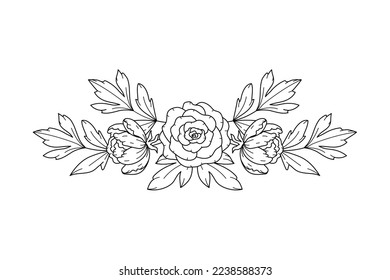 Horizontal floral border arrangement. Elegant composition with peony flowers and leaves. Line art. Botanical design, greeting card or invitation design element. Vector illustration isolated on white.
