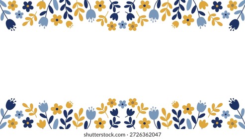 Fundo horizontal da borda floral com flores amarelas e azuis no estilo de arte folclórica.