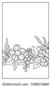 Horizontal floral border. Composition of black and white contour flowers, leaves and twigs, vector stylized abstraction. Suitable for coloring pages for adults and children, postcards, or other.