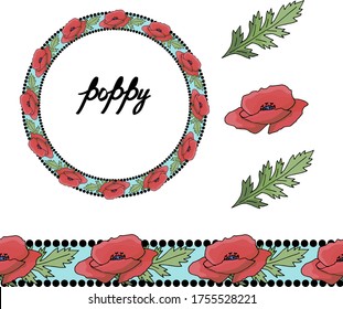 Horizontal floral border pattern. Fashion style. Floral wreath. Detailed contour wreath and seamless pattern brush with poppy isolated on white. Endless horizontal texture for your design.