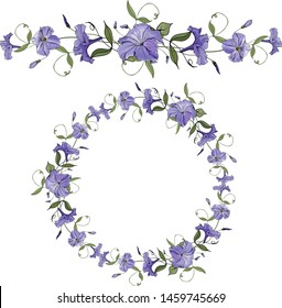 Horizontal floral border and round frame with purple petunia. Vector flowers  for  your design, greeting cards, save the dates.