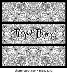 Horizontal floral flyer with handdrawn pattern. Vector illustration