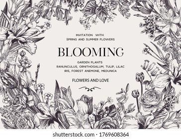 Horizontal floral frame with garden flowers. Blooming.  Vector botanical illustration. Iris, tulip, lilac, forest anemone, rose, ranunculus, bell, carnation. Black and white. 