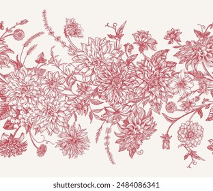 Horizontal floral seamless border. Dahlias, asters, dogwood berries, spikelets. Red