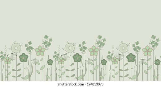 Horizontal floral seamless pattern. Cute ornament  in green colors