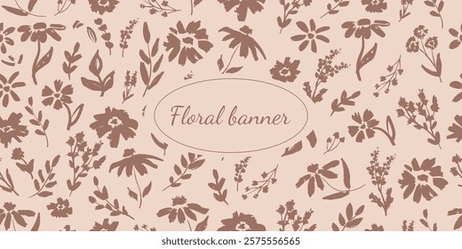Horizontal floral seamless pattern with logo. Brush ink strokes. Hand drawn vector sketch charcoal illustration, silhouette floral design, scribble grunge brush texture. Fabric texture, print design