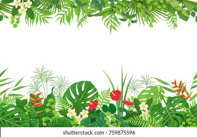 Horizontal Floral Seamless Pattern Made With Colorful Leaves And Flowers Of Tropical Plants On Wtite Background.  Tropic Rainforest Foliage Border. Vector Flat Illustration.