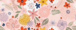 Horizontal Floral Seamless Pattern With Many Decorative Flowers, Leaves And Twigs. For Fashion Fabrics, Children’s Clothing, T-shirts, Postcards, Templates And Scrapbooking. Vector Illustration.