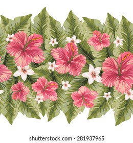 Horizontal floral seamless pattern. Tropical flowers and leaves stripe pattern. Hawaiian flowers stripe vector seamless texture