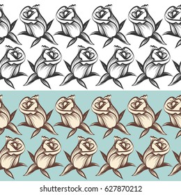 Horizontal floral seamless patterns. Vector vintage and monochromic pattern with roses