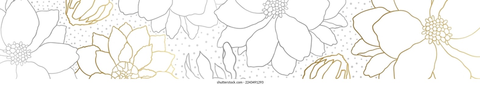 Plantilla floral horizontal. Elegante diseño lineal dalia, flores zinnia, brotes. Fondo texturizado con decoración dorada y botánica plateada. Ilustración vectorial EPS 10 para la portada del canal del videobloguero