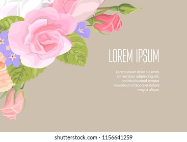 Horizontal floristic elements of corporate identity template for flower shop, workshop or salon. Flowers of rose on kraft paper, vector banners. Brochure, booklet.