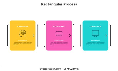 Horizontal flowchart with 3 rectangular elements. Concept of three steps of project progressive development. Simple infographic design template. Flat vector illustration for business data visualizatio