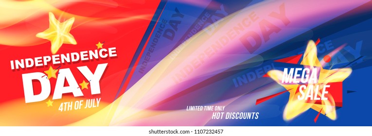 Horizontal Flyer Celebrate Happy 4th of July - Independence Day. Mega sale and hot discounts with a star and a realistic flame of fire. National American holiday event. Flat Vector illustration EPS10.