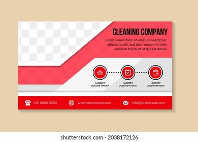 Horizontal flyer for cleaning company, creative concept for presentations and advertising, template for posting photos and text. half hexagon shape use white border. red element and grey background.  