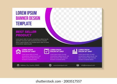 horizontal flyer design template for best seller product. half oval shape for space for photo. purple blue gradient element and border. black background use white ornament infographic.