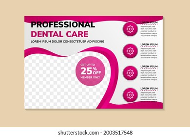 horizontal flyer design template for professional dental care. tooth shape for space for photo. pink gradient element and border. soft grey background use with infographic on vertical layout.