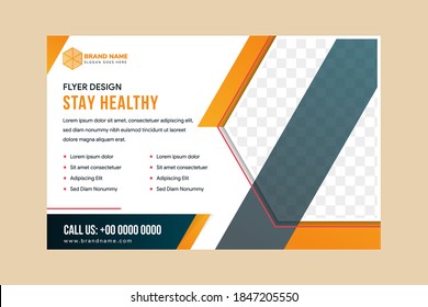 horizontal flyer design template for stay healthy campaign. Half hexagon shape for space for photo. diagonal element use orange and dark green gradient. white background use red line ornament.