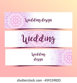 Horizontal flyer design template, vector background concept design with colorful doodle style paint. Pink and white colors. Wedding greeting text.